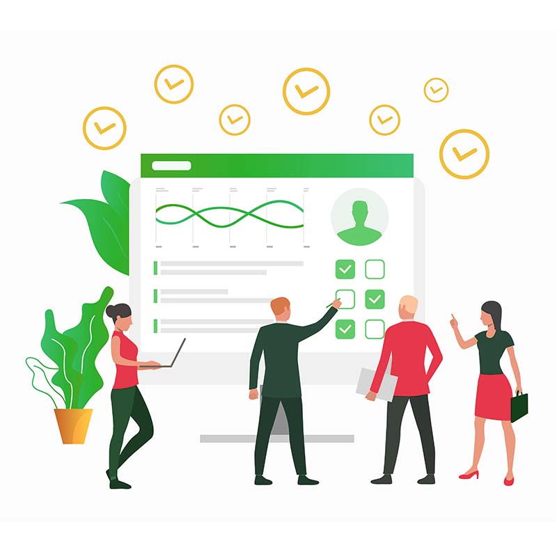 An illustration of a team leader discussing organization growth and quality.