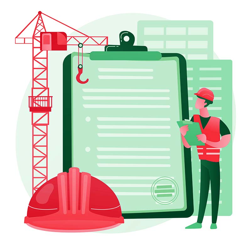An illustration showing a occupational safety, a red helmet and safety policies.
