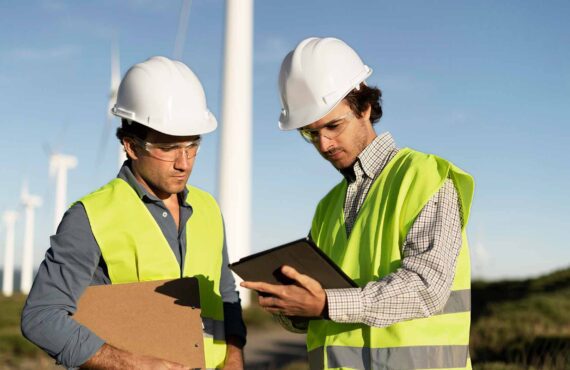 Two environment specialist working at the wind mil project.