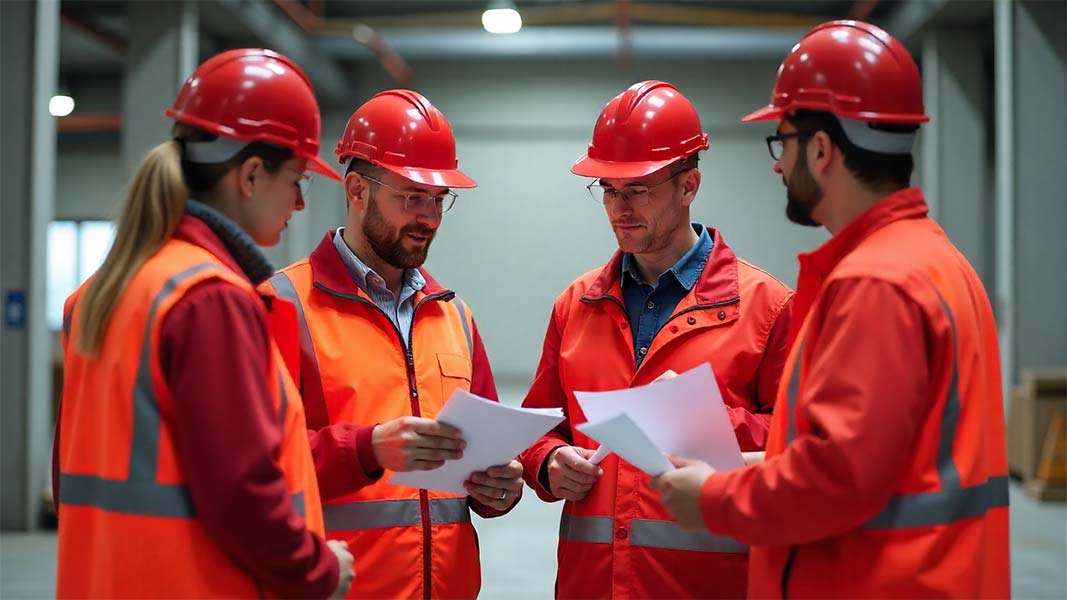 An image of 4 occupational health and safety engineers discussing HSE plans