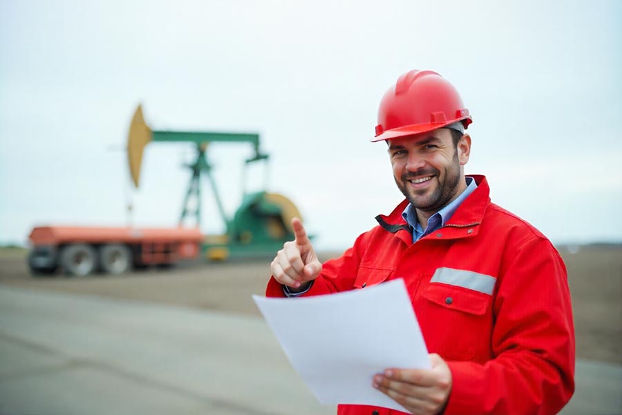 An occupational health and safety engineer pointing finger and smiling at workplace