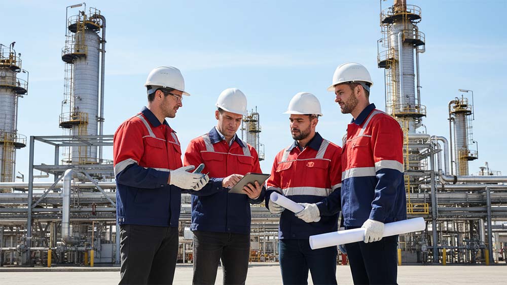 4 Occupational Health and Safety Professionals standing at oil and gas refinery
