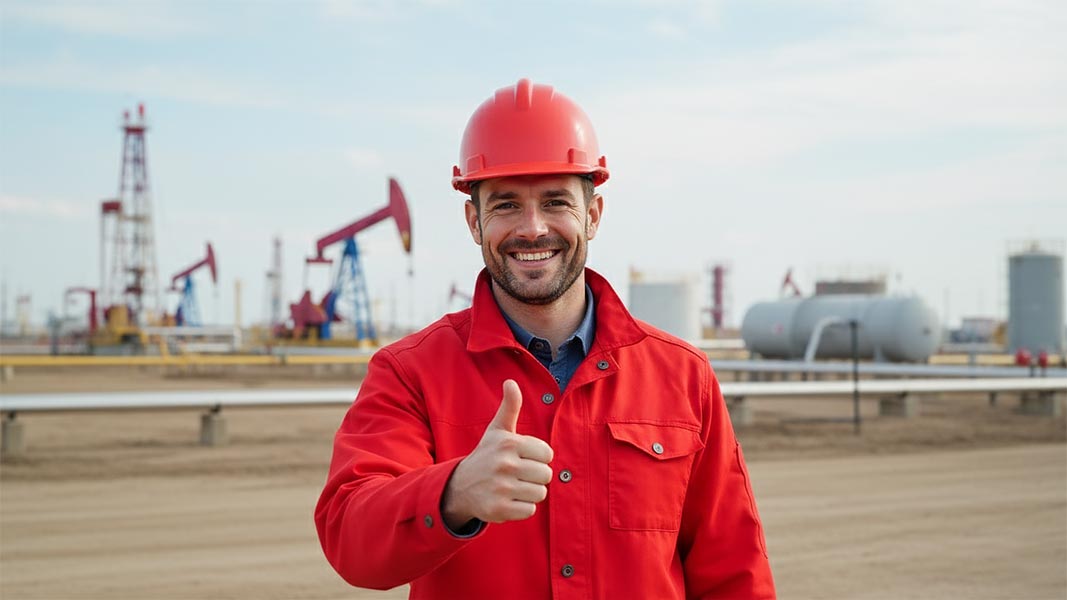 An Occupational Health and Safety Leader is showing thumbs up at the oil & gas site