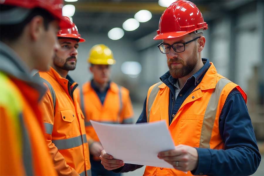 An Occupational Health and Safety Team Leader is discussing a safety plan with other safety professionals.