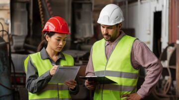 Occupational Health and Safety Auditors are discussing the checklist on project site.