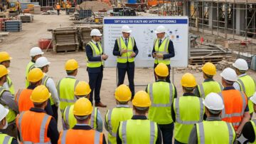 Three occupational safety professional discussing soft skills for HSE professionals on a project site