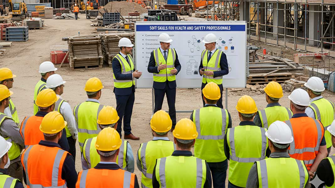 Three occupational safety professional discussing soft skills for HSE professionals on a project site