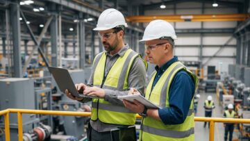 Two British men wearing white helmet and conducting an ISO 45001 gap analysis in a factory.