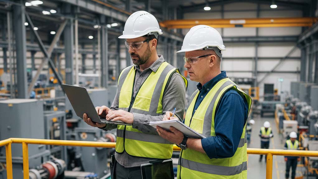 Two British men wearing white helmet and conducting an ISO 45001 gap analysis in a factory.
