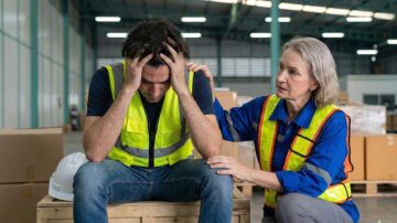 Worker experiencing stress with colleague offering support, illustrating psychosocial hazards in the workplace.