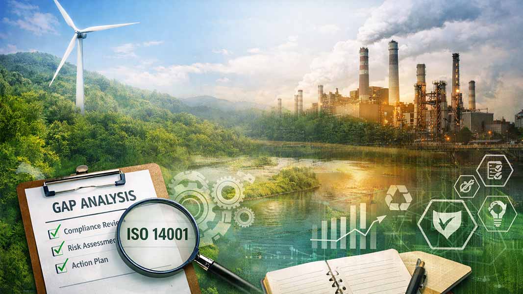ISO 14001 Gap Analysis showing environmental management system compliance review with industrial operations sustainability controls and risk assessment concepts