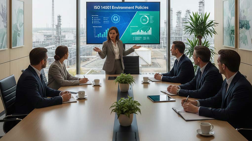 Presentation on ISO 14001 environmental policy and leadership at an oil refinery.