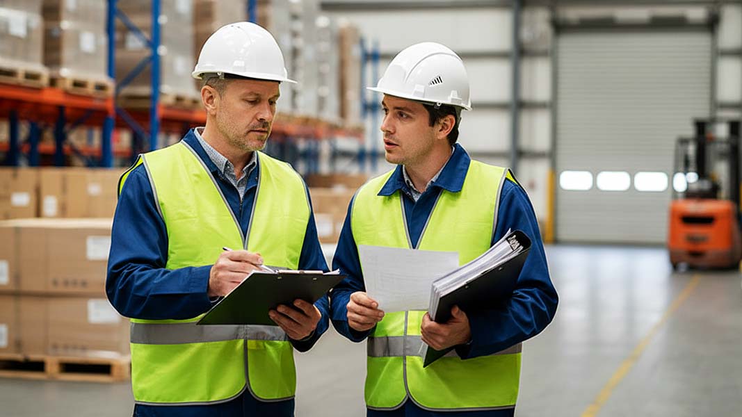 Two occupational safety professional discussing for ISO 45001 Implementation and Certification for SMEs in UAE