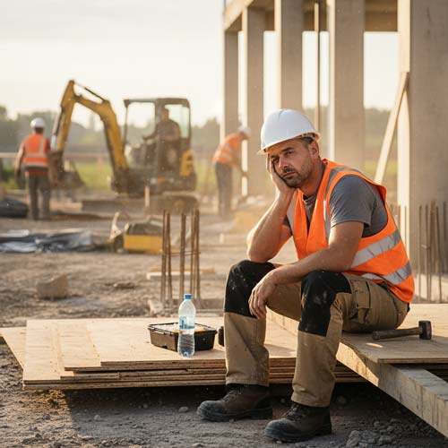 A construction worker facing fatigue that requires fatigue management at the workplace
