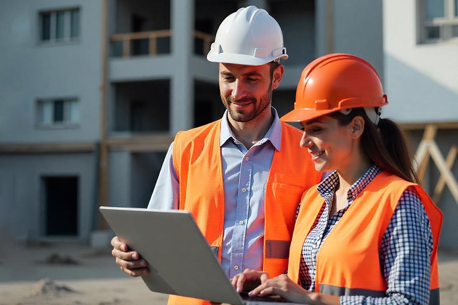 ISO 45001 Implementation at a construction site with safety professionals reviewing documents