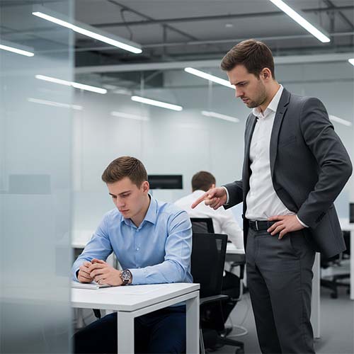 Office manager confronting seated employee during workplace conflict related to bullying and harassment prevention in the workplace.