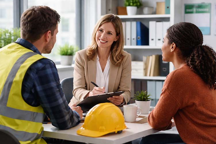 Confidential counselling session under an Employee Assistance Programs for workplace safety initiative between an occupational health professional and industrial employees.