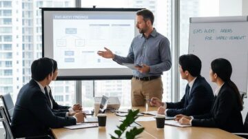 An EMS Auditors is discussing the ISO 14001 Audit Findings with the management