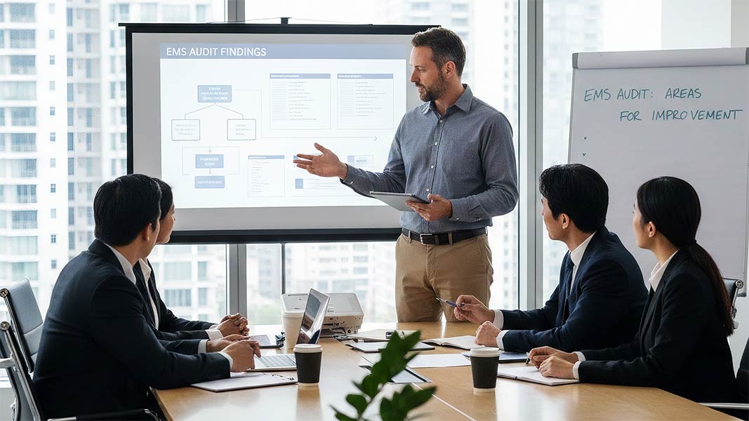 An EMS Auditors is discussing the ISO 14001 Audit Findings with the management