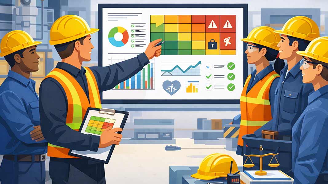 An illustration of HSE KPIs discussed by the safety officer with Workforce