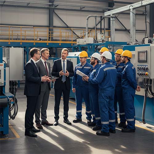 ISO 45001 Clause 5.1 Leadership and Commitment Requirements demonstrated by top management engaging with industrial workers on workplace safety performance in a manufacturing facility