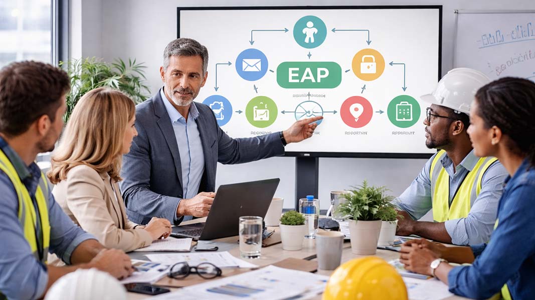 Top management and occupational health and safety team discussing Employee Assistance Programs for workplace safety during a strategic safety meeting.