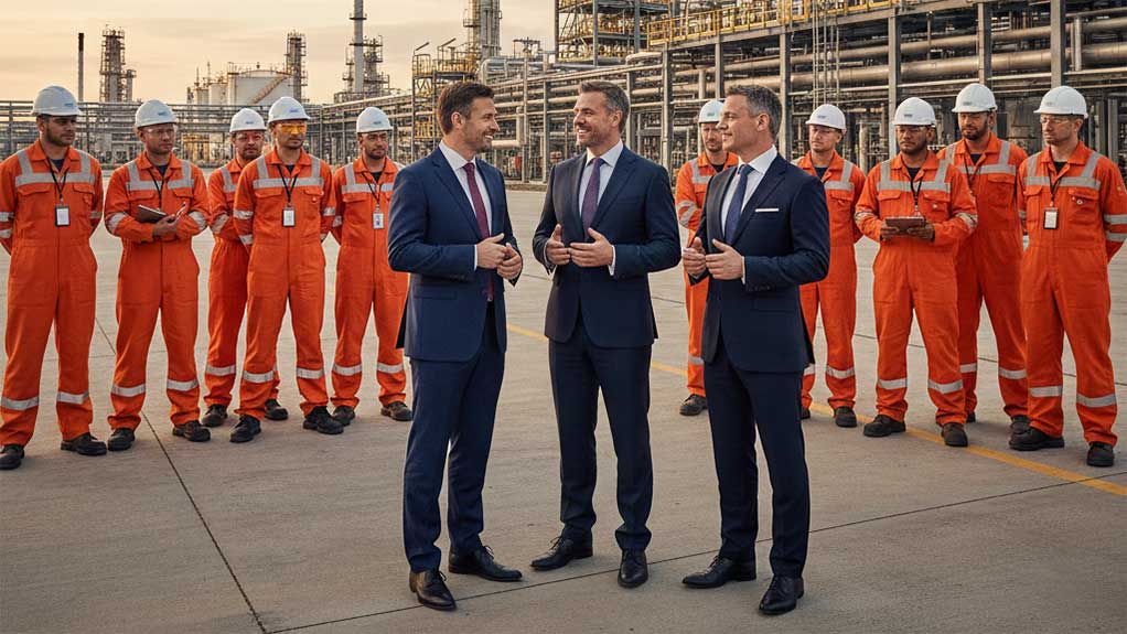 Top management at a construction area sharing ISO 45001 Clause 5.1 leadership and commitment requirements with the Workforce