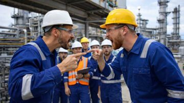 Workplace violence prevention example showing two industrial workers arguing at a plant site while coworkers observe.