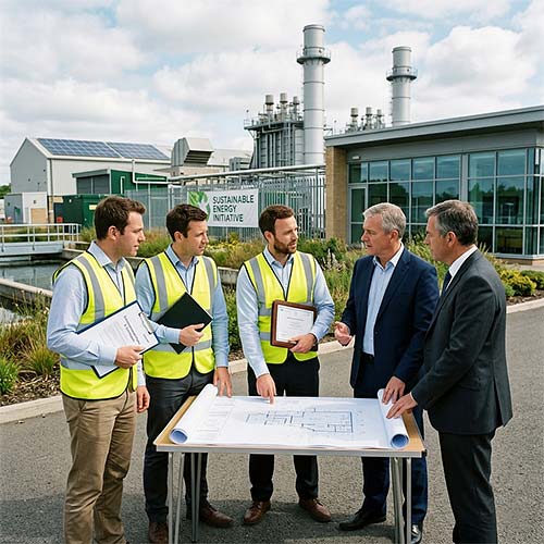 ISO 14001 certification process professionals reviewing environmental plans at industrial facility.