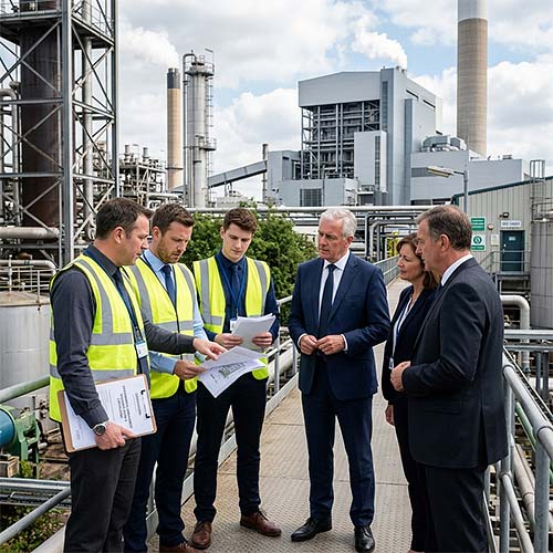 ISO 14001 certification process team reviewing environmental compliance documents at industrial facility.