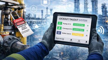 Digital LOTO systems dashboard on a tablet used by an industrial worker to manage lockout tagout safety procedures in a refinery maintenance environment.