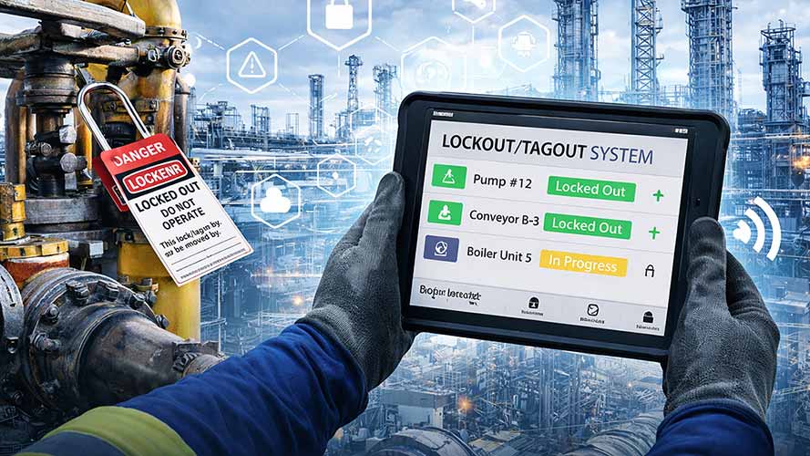 Digital LOTO systems dashboard on a tablet used by an industrial worker to manage lockout tagout safety procedures in a refinery maintenance environment.