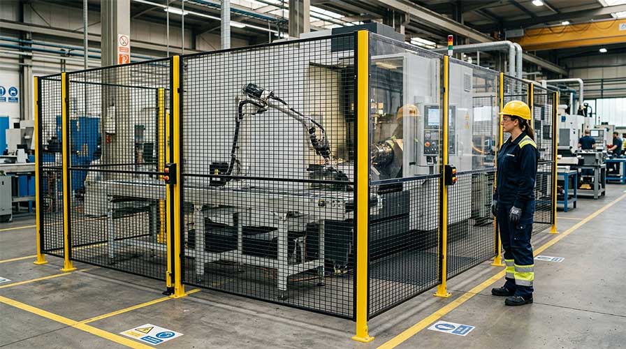Factory worker inspecting robotic machine enclosed by safety fence demonstrating Machine Guarding Safety in a manufacturing facility.