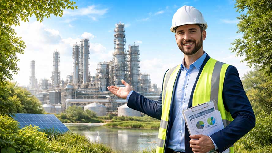 ISO 14001 certification process environmental expert reviewing impact at oil and gas refinery.