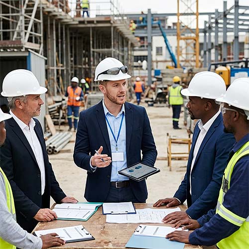 ISO 45001 Lead Auditor discussing with engineers at construction site, highlighting benefits of ISO 45001 Lead Auditor Training