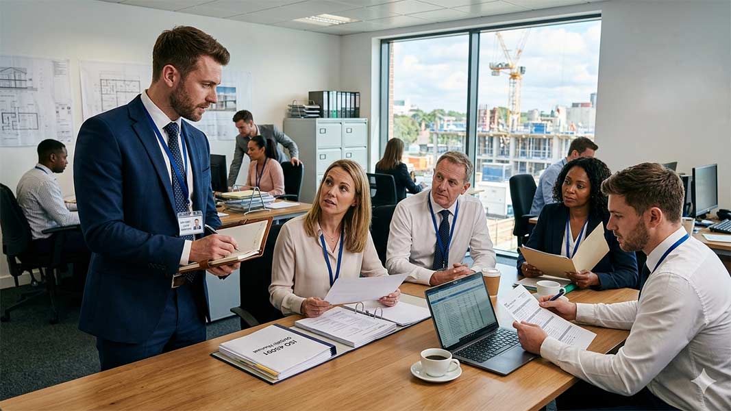 ISO 45001 Lead auditor reviewing safety documents in meeting, reflecting benefits of ISO 45001 Lead Auditor Training for compliance