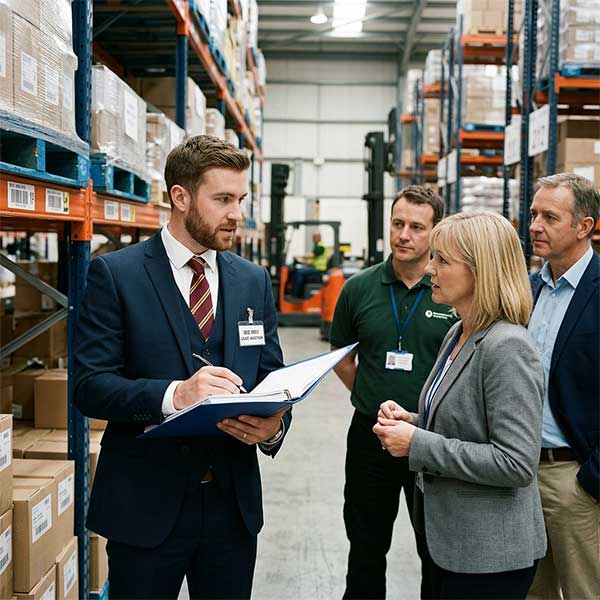 ISO 9001 quality auditor inspecting warehouse operations with staff demonstrating benefits of ISO 9001 Lead Auditor Course