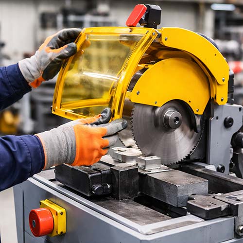 Industrial worker installing a yellow protective guard on a circular saw machine to improve Machine Guarding Safety in a manufacturing workshop.