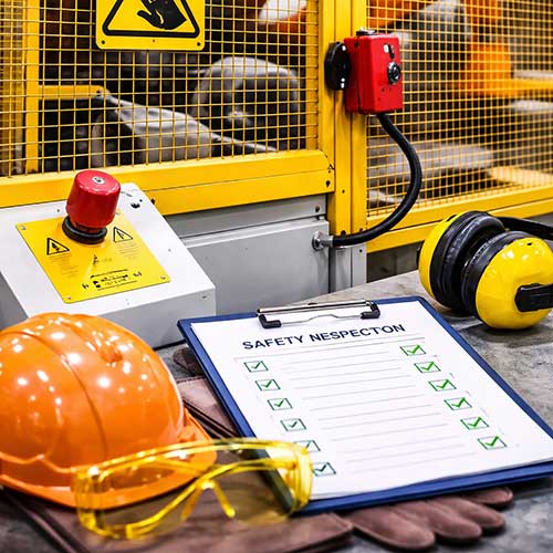 Safety inspection checklist with helmet, gloves, and ear protection placed near a guarded industrial machine highlighting Machine Guarding Safety practices.