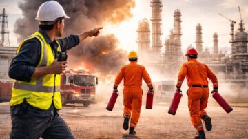 Emergency response team managing fire incident at industrial site, demonstrating Emergency Preparedness in UAE workplaces.