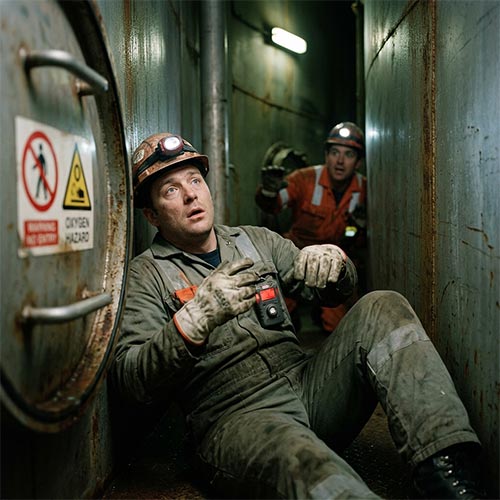 Confined Space Hazards incident showing worker collapse in narrow industrial tunnel due to hazardous atmosphere during confined space entry.