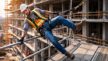 Construction worker wearing safety harness attached to lifeline demonstrating fall protection for work at height on scaffolding.