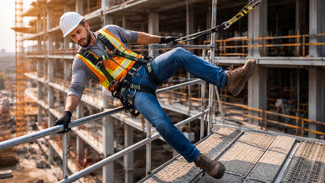 Construction worker wearing safety harness attached to lifeline demonstrating fall protection for work at height on scaffolding.