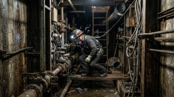 Confined Space Hazards concept image showing restricted industrial environment with low visibility and limited access, highlighting risks during confined space entry operations.