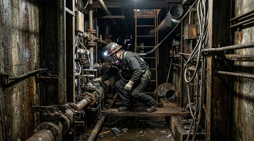 Confined Space Hazards concept image showing restricted industrial environment with low visibility and limited access, highlighting risks during confined space entry operations.