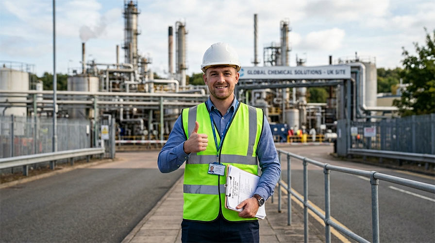 ISO 14001 Environmental Management Lead Auditor at industrial plant wearing PPE, holding checklist and giving thumbs up.