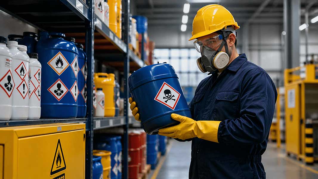 Worker inspecting hazardous chemical container with PPE in industrial storage facility for hazardous materials safety.