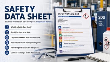 Safety Data Sheet (SDS) document with chemical hazard symbols, safety glasses, and workplace compliance information.
