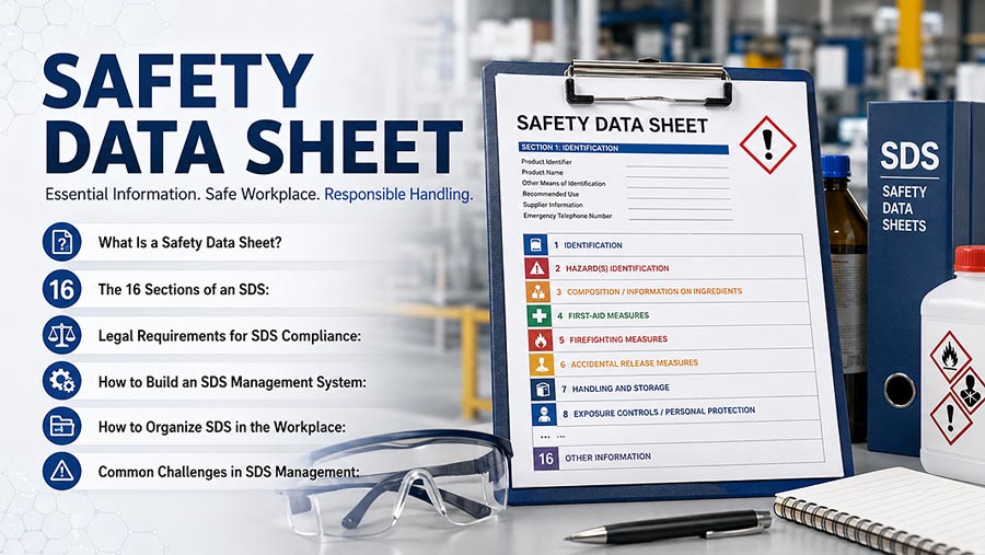 Safety Data Sheet (SDS) document with chemical hazard symbols, safety glasses, and workplace compliance information.