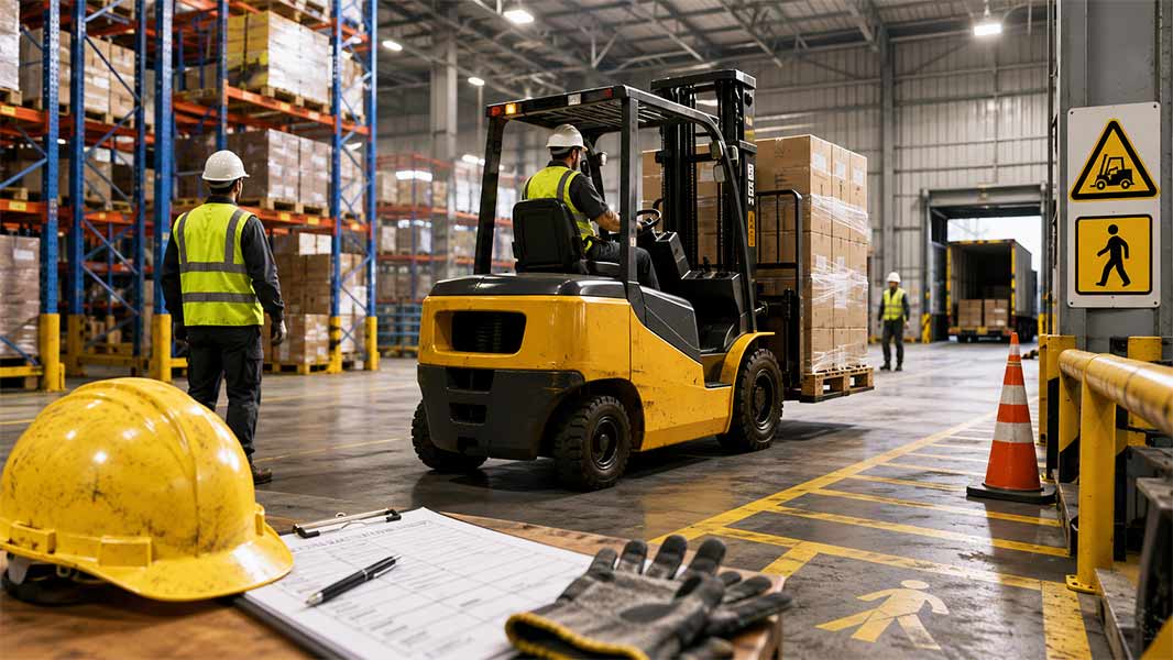 Forklift hazards and risk control measures in a warehouse with forklift operations, pedestrian walkways, and safety markings.